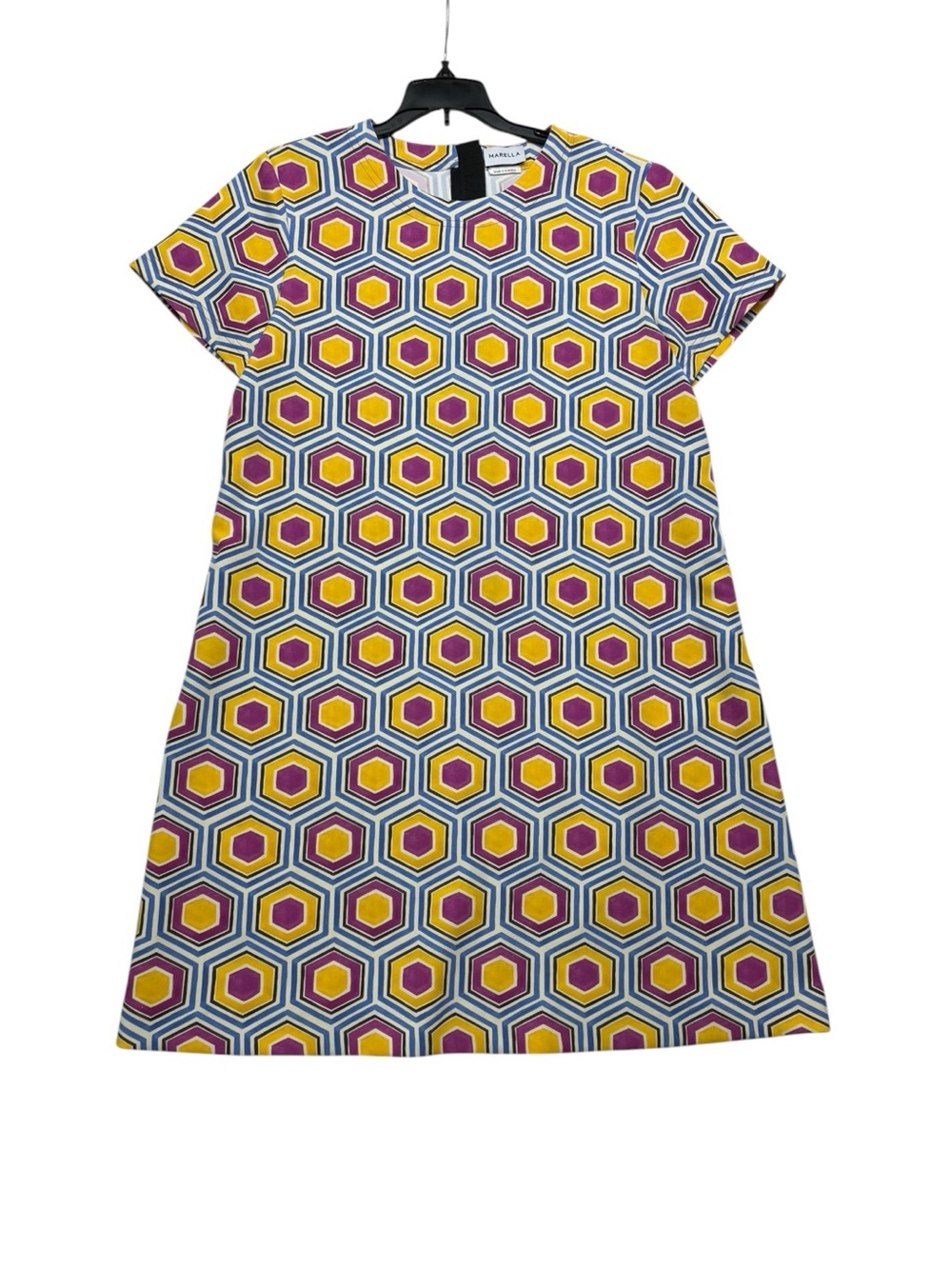 Marella size 8 acaico geometric print shift dress retro Yellow, Pink & Blue maxi